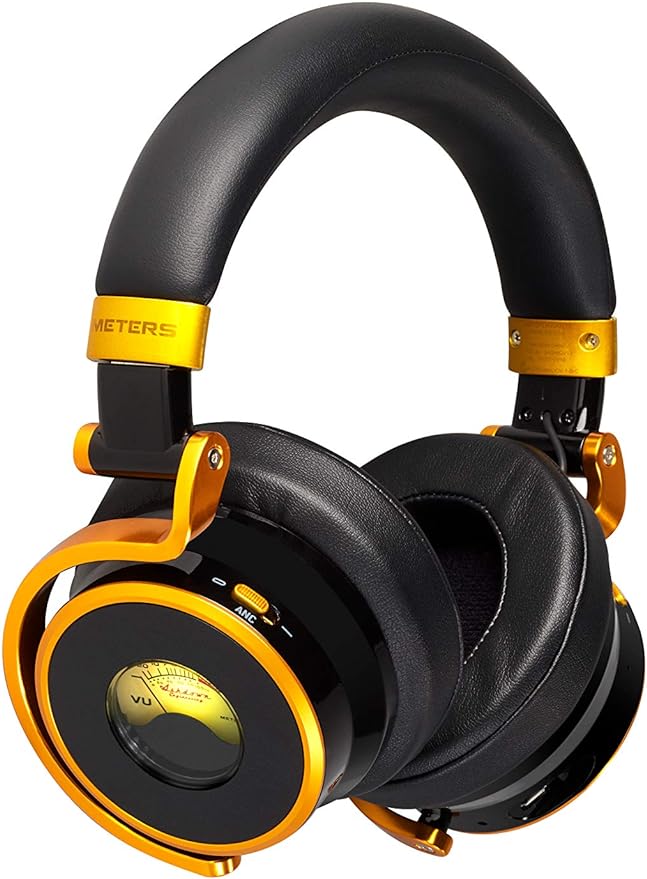 Meters Music OV-1-B Connect, Active Noise Cancelling, Over Ear Bluetooth 5.0 Headphones, App Controlled, Illuminated VU, Protein Leather, aptXTM HD Audio, Included Carry Case (Black & Gold)