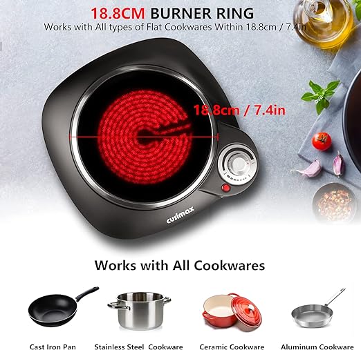 Cusimax CMIP-B112 Portable Hot Plate, Hot Plates for Cooking, Single Ceramic Hob, Black Stainless Steel, 1200W Electric Single Burner, Infrared Cooktop