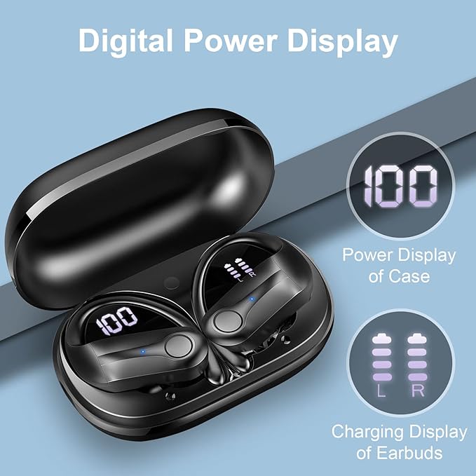 Wireless Headphones, Bluetooth 5.3 Sports Wireless Earbuds Hifi Stereo Noise Cancelling with HD Mic, 50H Playtime Earphones Dual LED Display, USB-C, IP7 Waterproof, Gym