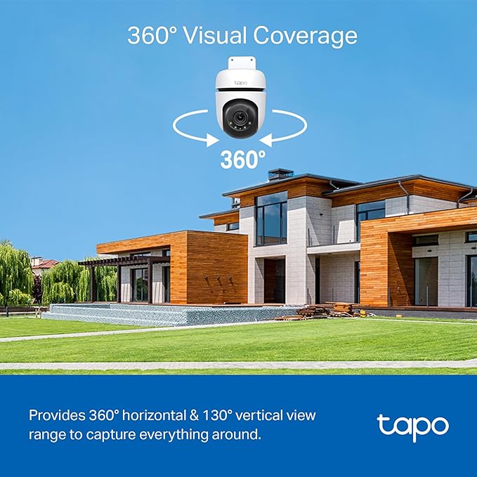 Tapo 2K Outdoor Pan/Tilt Security Wi-Fi Camera, IP65 Weatherproof, Motion Detection, 360° Visual Coverage,Full-Colour Night Vision,Cloud &Local Storage,Works with Alexa&Google Home(Tapo C510W)