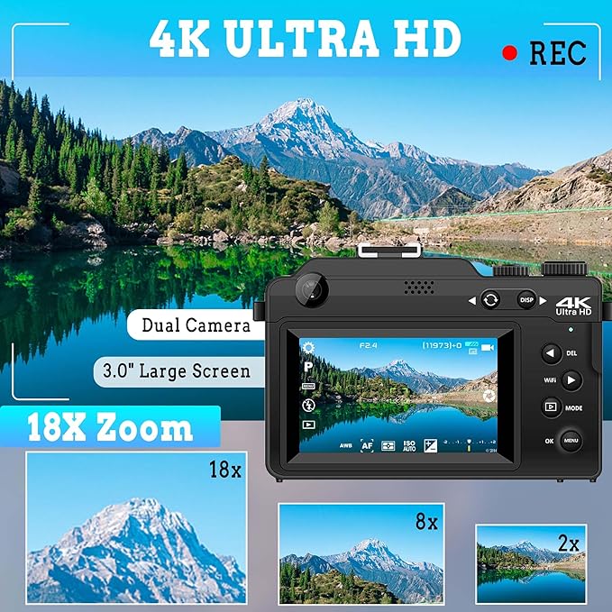 4K 48MP Digital Camera for Photography: 18X Zoom Dual-lens Travel Vlogging Camera with 32GB SD Card for Youtube Tiktok, 3''Autofocus Compact Camera for Teenagers Beginners Students