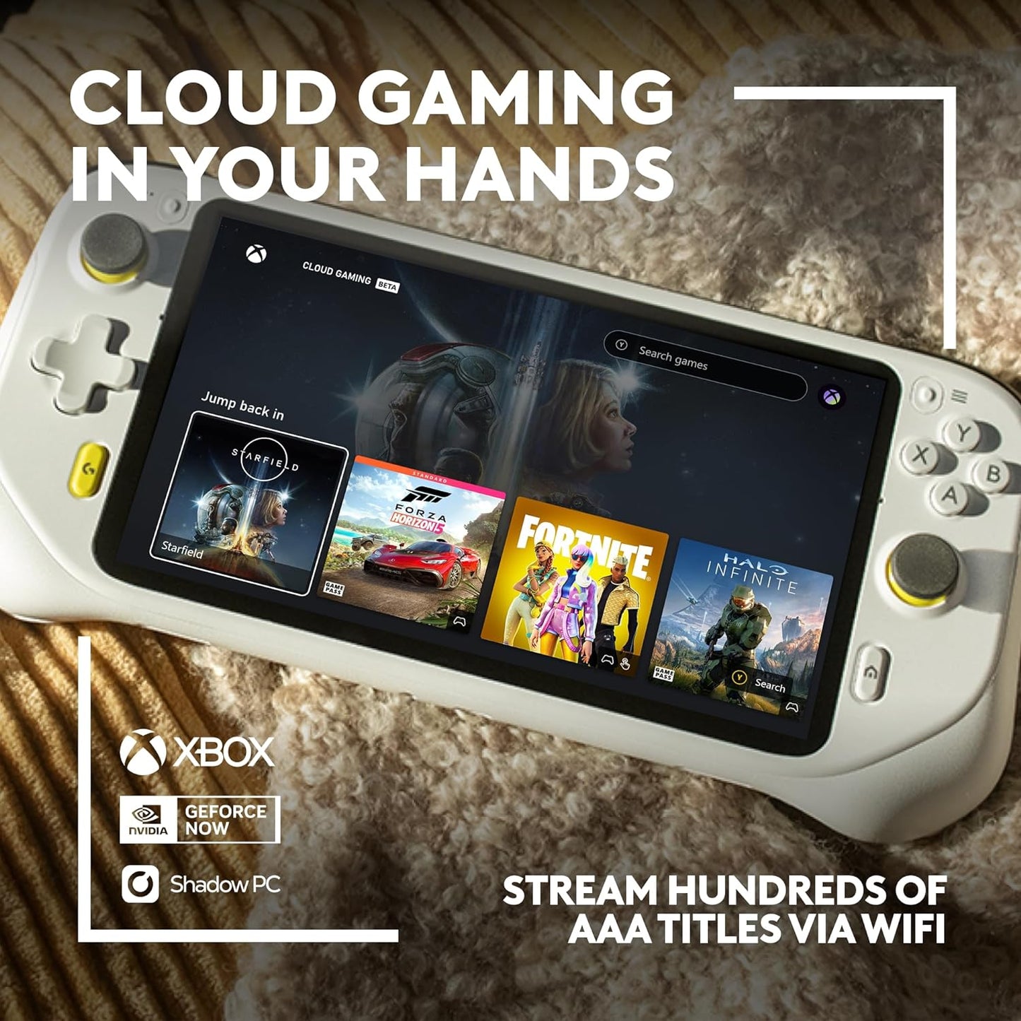 Logitech G Cloud Gaming Handheld, Portable Gaming Console with Long Battery Life, 1080P 7-Inch Touchscreen, Lightweight Design, Xbox Cloud Gaming, NVIDIA GeForce NOW, Google Play - UK plug - White