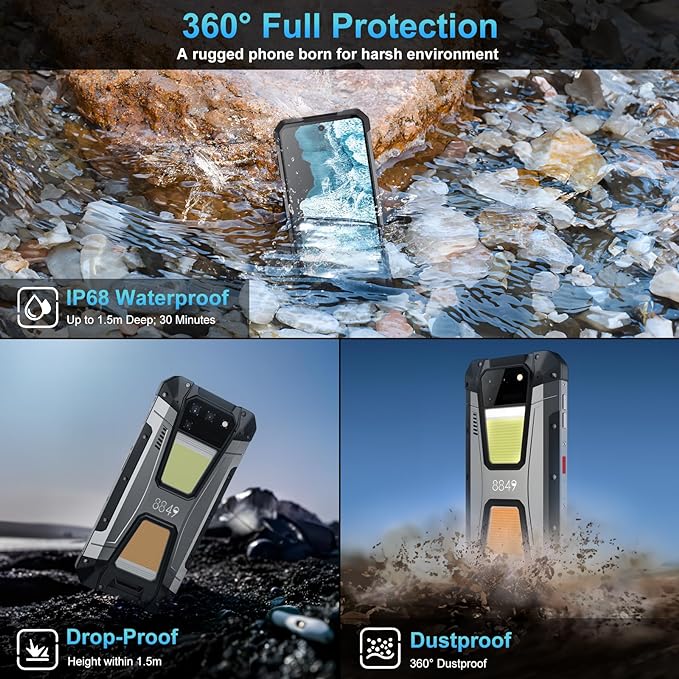 8849 Tank 2 Rugged Smartphone, 15500mAh Android 13 Rugged Cell Phone with Projector, 6.79" Waterproof SIM Free 4G Unlocked Mobile Phones, 108MP+64MP Night Vision Camera, 22GB +256GB/Single Speaker/NFC