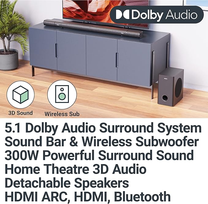 MAJORITY Bluetooth 5.1 Surround Sound System, 3D Dolby Audio Soundbar 300W, Home Cinema Sound System and Sound bar with HDMI ARC, Wireless Subwoofer and Detachable Speakers Everest