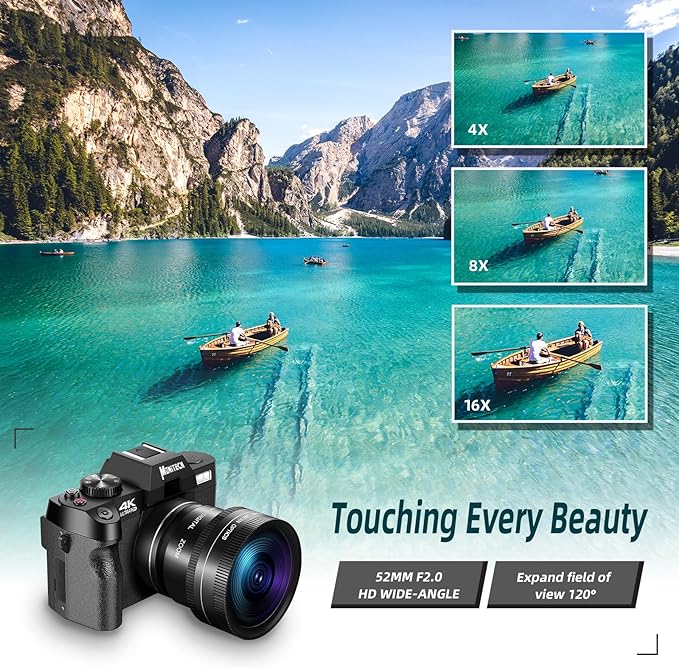 Monitech Digital Camera for Photography,Vlogging Camera for YouTube & Video 4K 48MP,with 180° Flip Screen,16X Digital Zoom,52mm Wide Angle & Macro Lens, 2 Batteries, 32GB TF Card