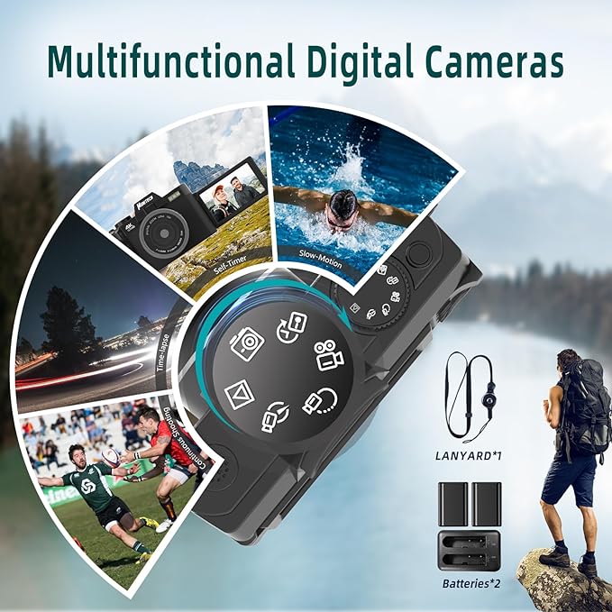 Monitech Digital Camera for Photography,Vlogging Camera for YouTube & Video 4K 48MP,with 180° Flip Screen,16X Digital Zoom,52mm Wide Angle & Macro Lens, 2 Batteries, 32GB TF Card