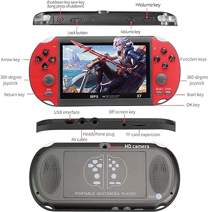 Fsjun Handheld Game Consoles Built in Free Games 8GB RAM 4.3 Inch Screen Double Rocker,Support TV Output,Music/Movie/Camera Audio and Video MP3,MP4, MP5, Birthday Gift for Kids(Red)