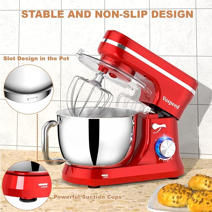 Vospeed Stand Mixer,5 Quarts 8-Speed 1000W Tilt-Head Food Mixer, Kitchen Electric Standing Mixer With Dough Hook, Whisk, Beater, Splash Guard & Mixing Bowl For Baking, Dishwasher Safe (Red)