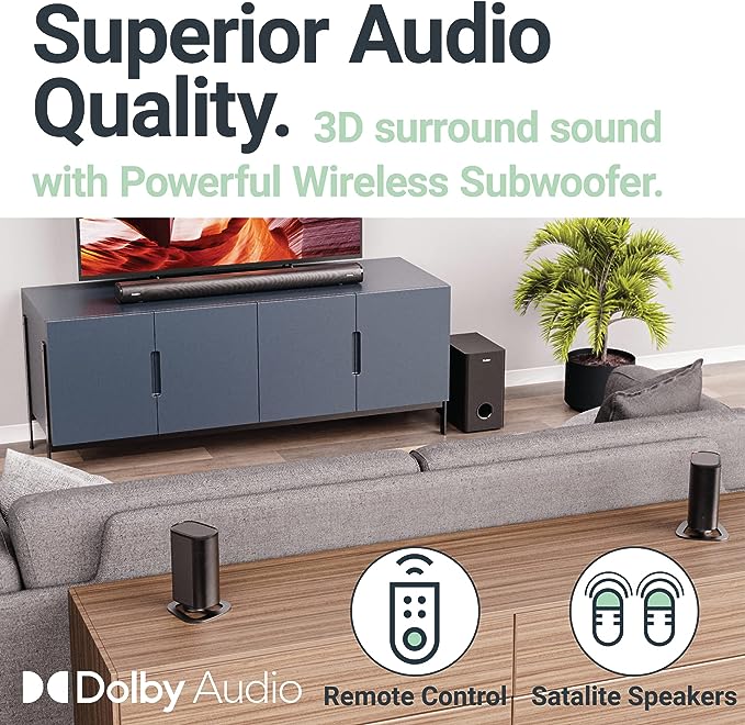 MAJORITY Bluetooth 5.1 Surround Sound System, 3D Dolby Audio Soundbar 300W, Home Cinema Sound System and Sound bar with HDMI ARC, Wireless Subwoofer and Detachable Speakers Everest