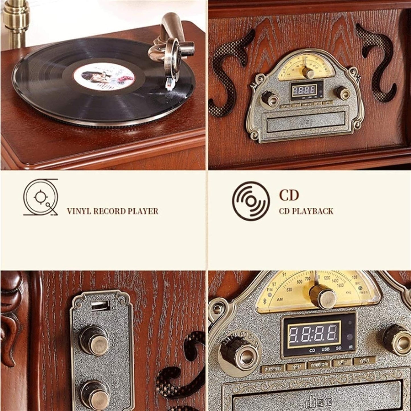 Hi-Fi & Home Audio Record Player, Wooden Turntable, Bluetooth Phonograph with Built-in Stereo Speakers, CD/Cassette Player, FM Radio, USB/SD Play & Encoding,Turntable for Vinyl Records