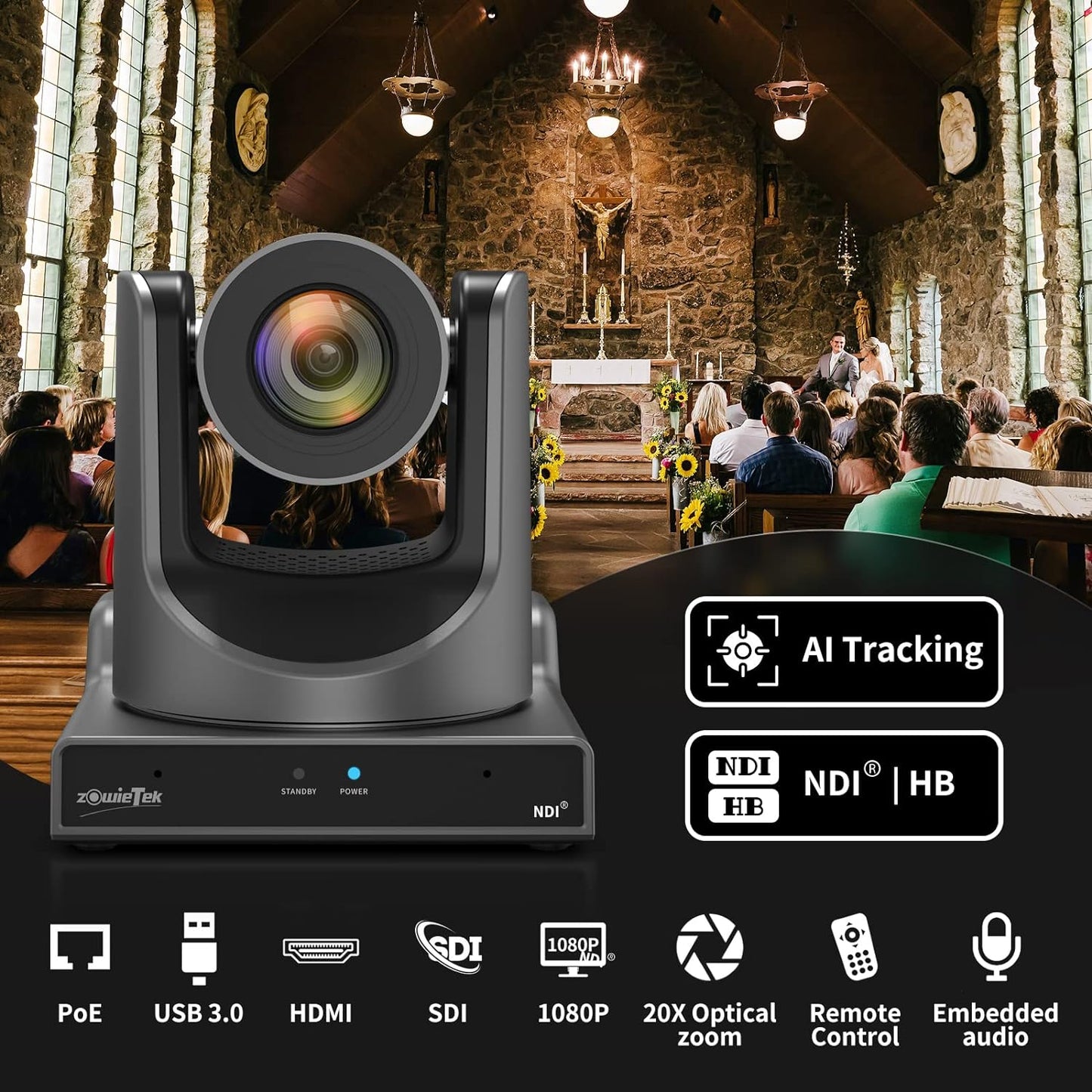 zowietek New Gen PTZ Camera PoE | AI Tracking | 20X Optical Zoom | NDI|HB (Full NDI) with simultaneous SDI, HDMI and USB Outputs | IP Live Streaming for Meeting, Church, Events, Teaching