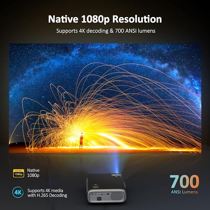 NexiGo PJ40 Movie Projector, 700 ANSI Lumens, Native 1080P, 4K Supported, 300 Inch, Auto Vertical Keystone, Zoomable, 20W Speakers, WiFi, Bluetooth 5.1, Compatible w/TV Stick, iOS, Android (Black)