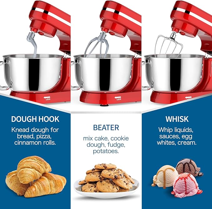 Vospeed Stand Mixer,5 Quarts 8-Speed 1000W Tilt-Head Food Mixer, Kitchen Electric Standing Mixer With Dough Hook, Whisk, Beater, Splash Guard & Mixing Bowl For Baking, Dishwasher Safe (Red)