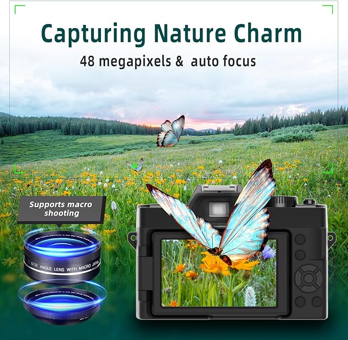 Monitech Digital Camera for Photography,Vlogging Camera for YouTube & Video 4K 48MP,with 180° Flip Screen,16X Digital Zoom,52mm Wide Angle & Macro Lens, 2 Batteries, 32GB TF Card