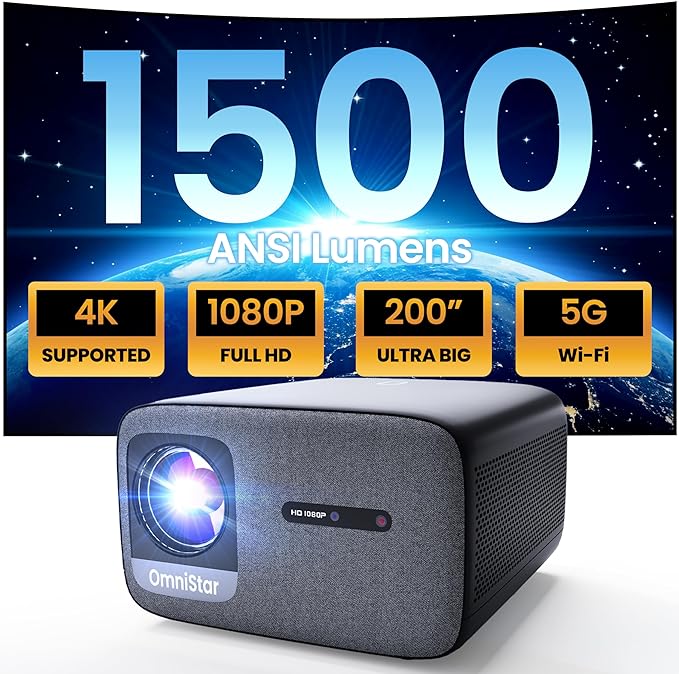 OmniStar L80 Projector 4K, 1500 ANSI Lumen, WiFi Bluetooth Video Projectors Native 1080P, Auto Focus & Keystone, 30W Speakers, 200" Display Compatible with Smartphone/TV Stick/Laptop