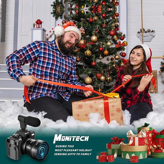 Monitech Digital Camera for Photography,Vlogging Camera for YouTube & Video 4K 48MP,with 180° Flip Screen,16X Digital Zoom,52mm Wide Angle & Macro Lens, 2 Batteries, 32GB TF Card