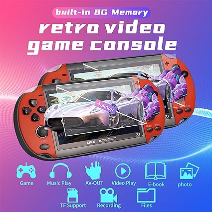 Fsjun Handheld Game Consoles Built in Free Games 8GB RAM 4.3 Inch Screen Double Rocker,Support TV Output,Music/Movie/Camera Audio and Video MP3,MP4, MP5, Birthday Gift for Kids(Red)