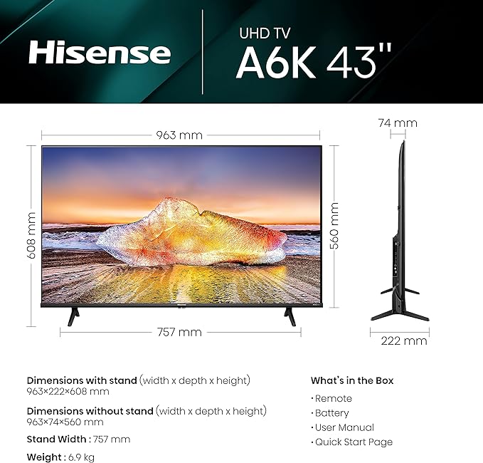 Hisense 43 Inch VIDAA Smart TV 43A6KTUK - Dolby Vision, Pixel Tuning, Voice Remote, Share to TV, and Youtube, Freeview Play, Netflix and Disney (2023 New Model), Black [Energy Class G]