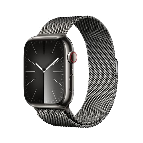 Apple Watch Series 9 [GPS + Cellular 45mm] Smartwatch with Graphite Stainless steel Case with Graphite Milanese Loop One Size. Fitness Tracker, Blood Oxygen & ECG Apps, Water Resistant