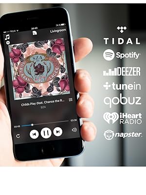 Apple iPhone showing Audio Pro Control App playing music and list of supported streaming services